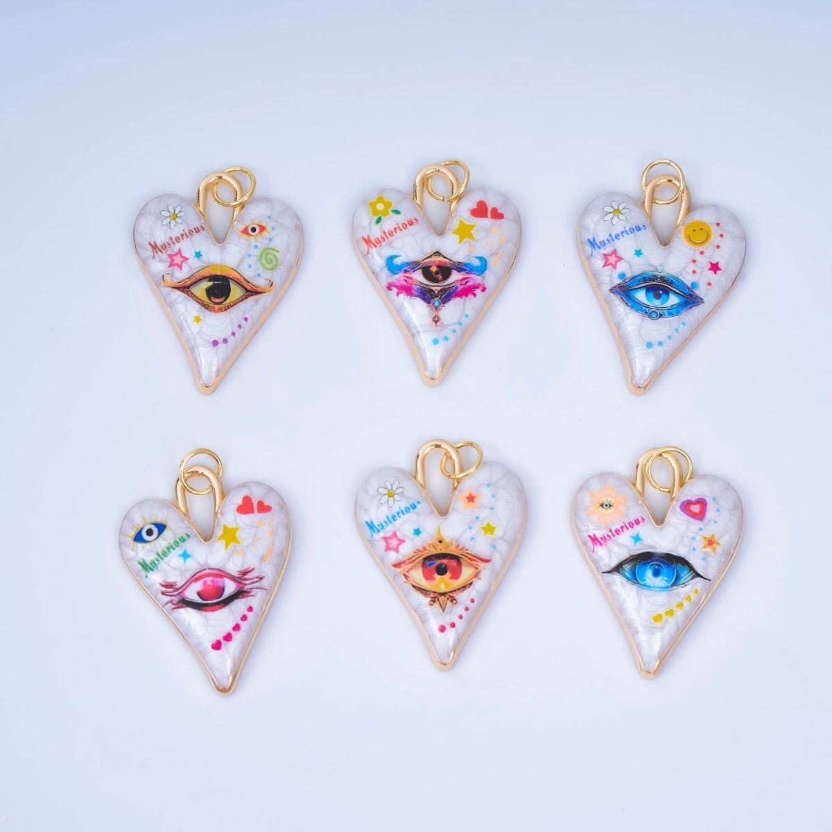 24K Gold Filled Pop Art Eye White Glitter Enamel Padlock Heart Charm | AJ439 - AJ444 - DLUXCA