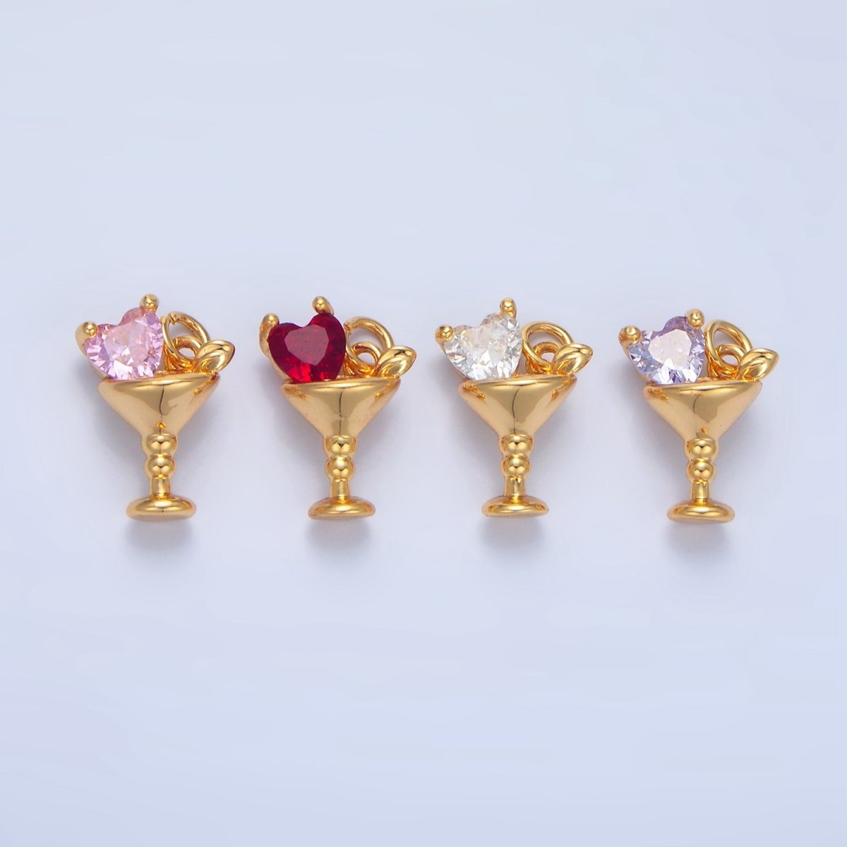 24K Gold Filled Purple, Red, Clear, Pink CZ Heart Martini Alcoholic Drink Charm | X846 - X847 - DLUXCA