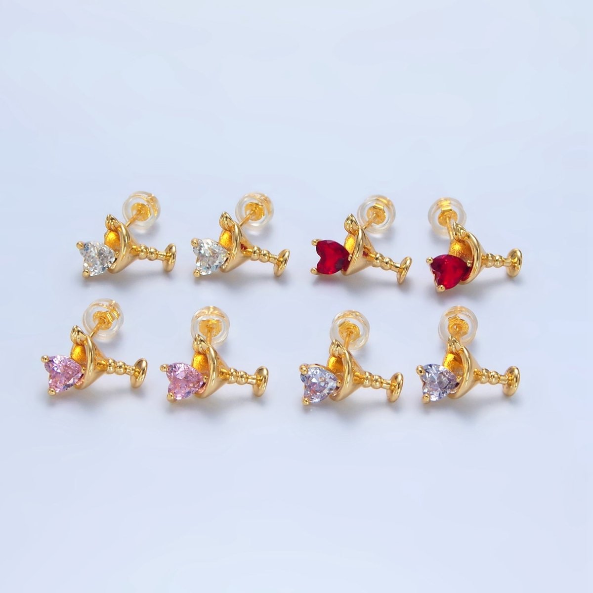 24K Gold Filled Purple, Red, Clear, Pink CZ Heart Martini Alcoholic Drink Stud Earrings | P143 P150 P163 P163 - DLUXCA