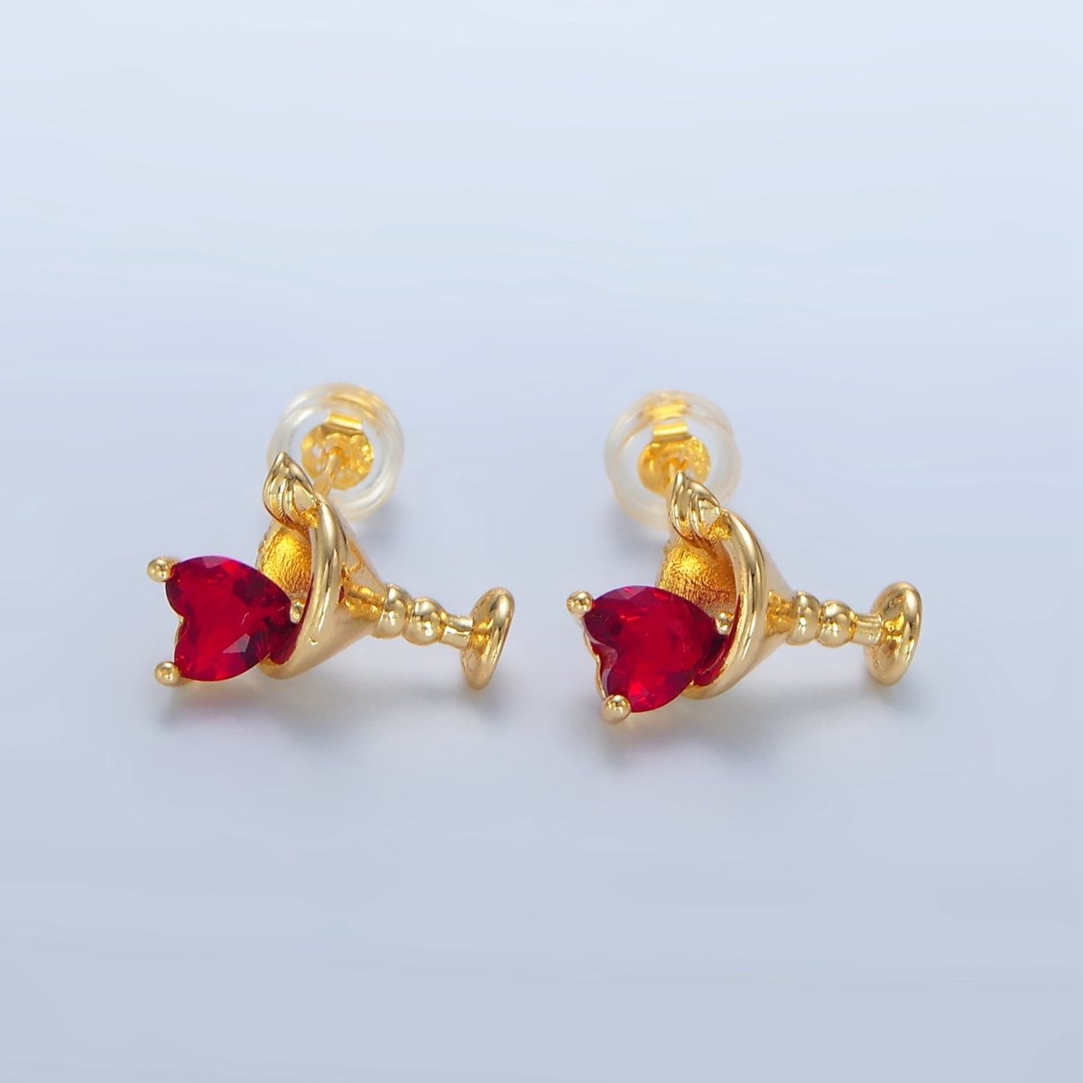 24K Gold Filled Purple, Red, Clear, Pink CZ Heart Martini Alcoholic Drink Stud Earrings | P143 P150 P163 P163 - DLUXCA