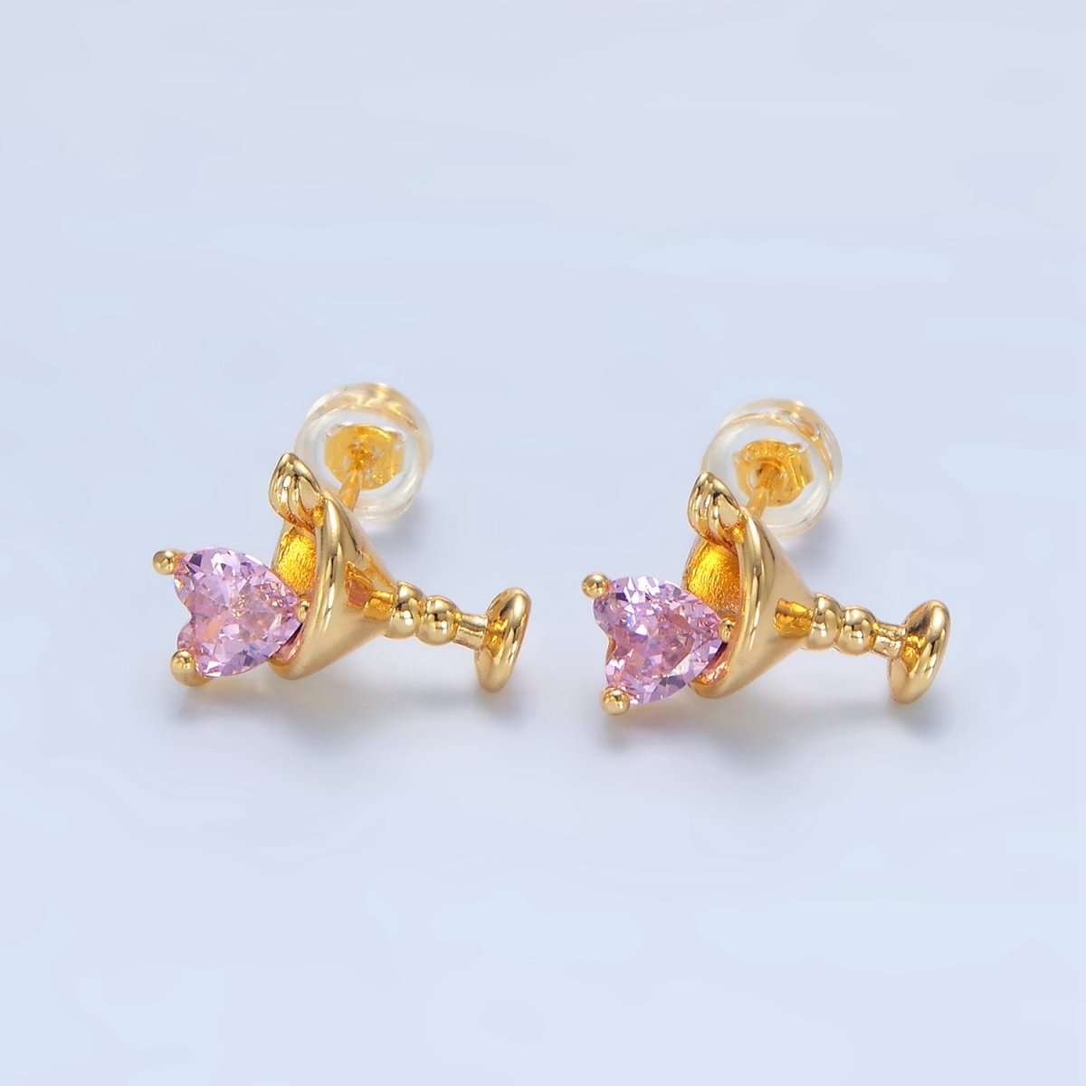 24K Gold Filled Purple, Red, Clear, Pink CZ Heart Martini Alcoholic Drink Stud Earrings | P143 P150 P163 P163 - DLUXCA