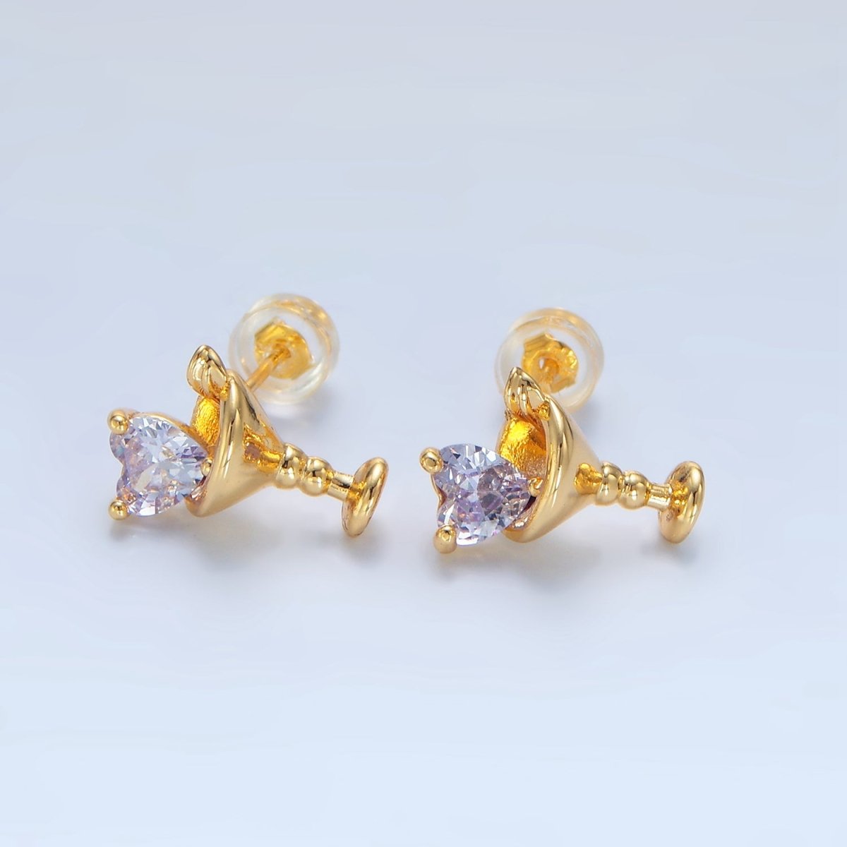 24K Gold Filled Purple, Red, Clear, Pink CZ Heart Martini Alcoholic Drink Stud Earrings | P143 P150 P163 P163 - DLUXCA