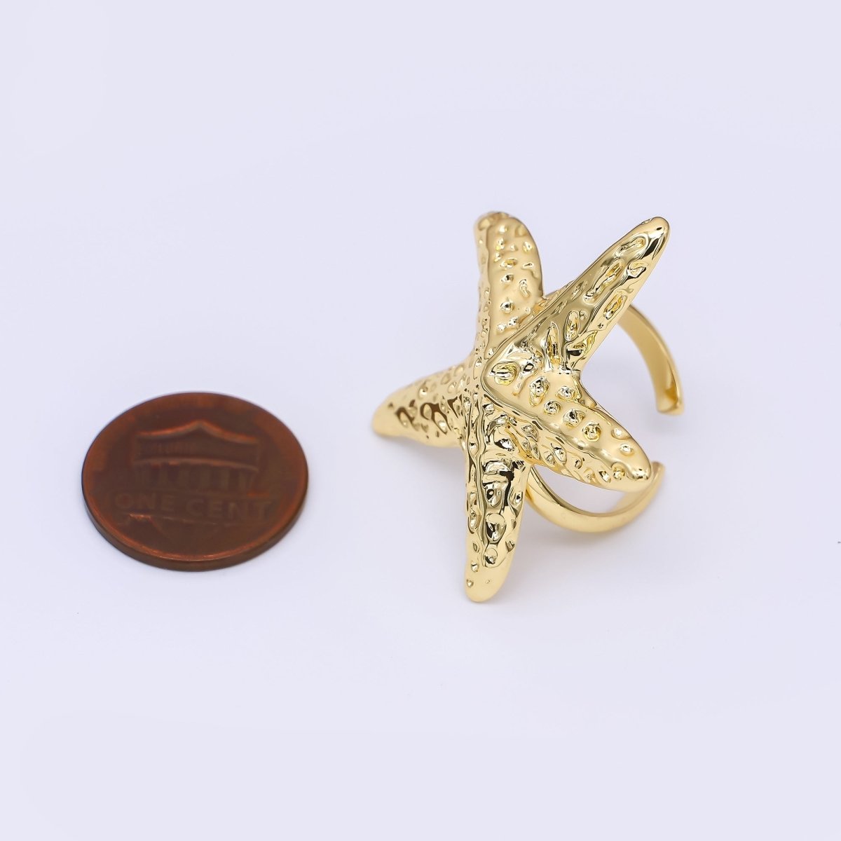 24K Gold Filled Realistic Dotted Sea Starfish Adjustable Open Ring | O1465 - DLUXCA