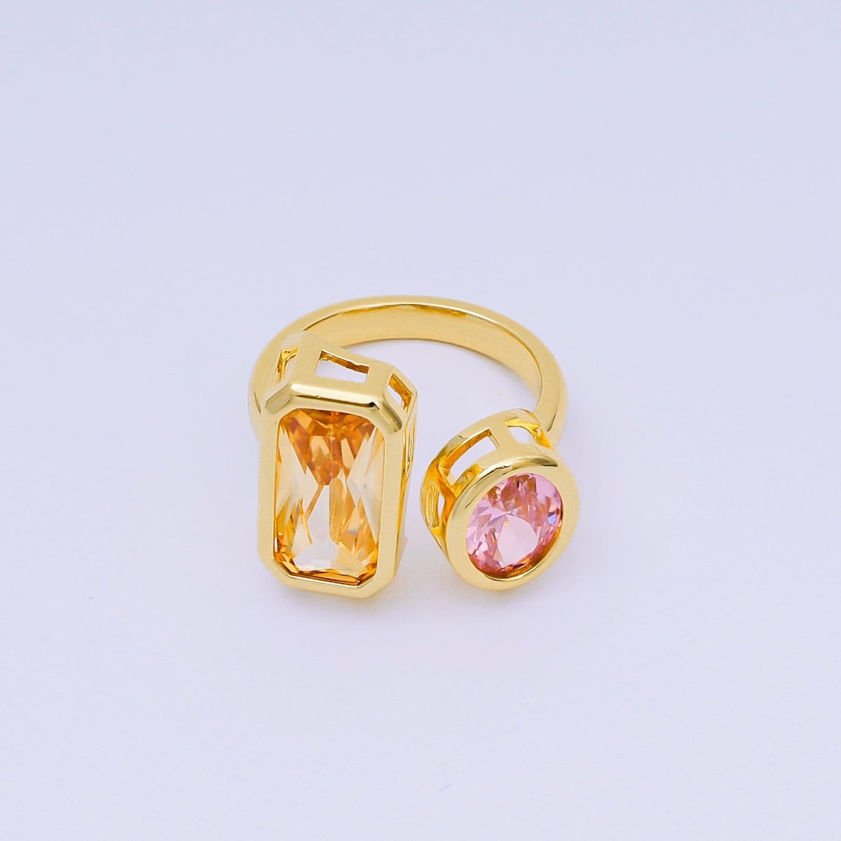 24K Gold Filled Rectangular & Round CZ Yellow Pink Open Adjustable Ring | O - 1452 - DLUXCA