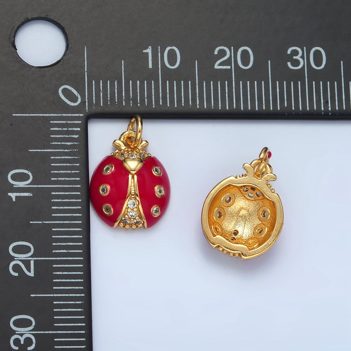 24K Gold Filled Red and Pink Enamel CZ Micro Paved Ladybug Insect Animal Charm | AG - 622 - DLUXCA