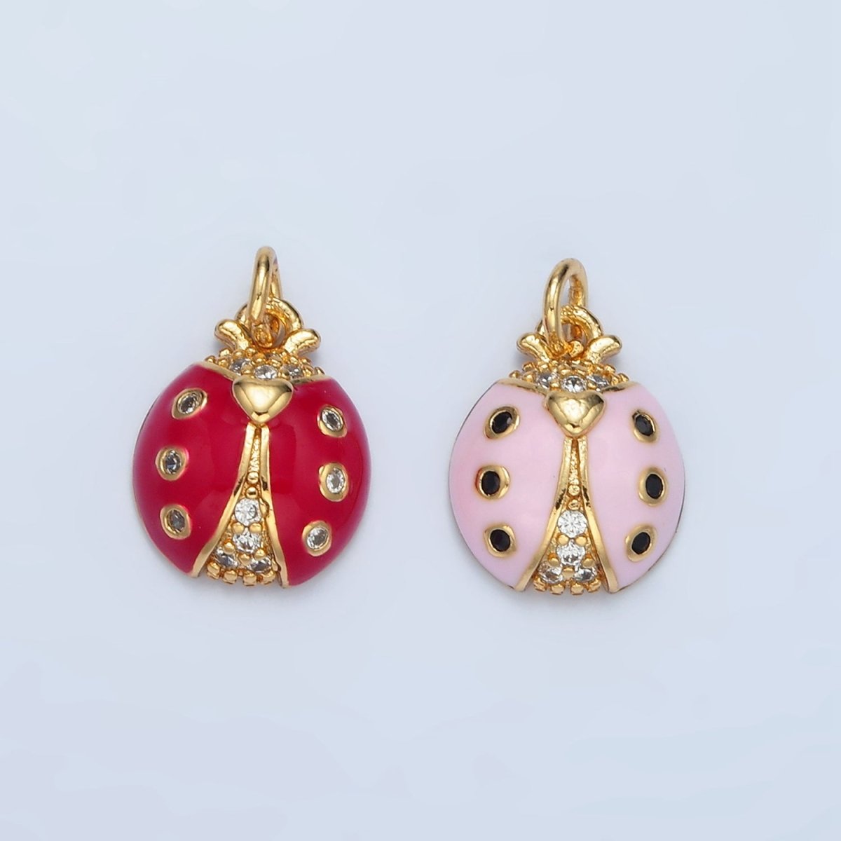 24K Gold Filled Red and Pink Enamel CZ Micro Paved Ladybug Insect Animal Charm | AG - 622 - DLUXCA