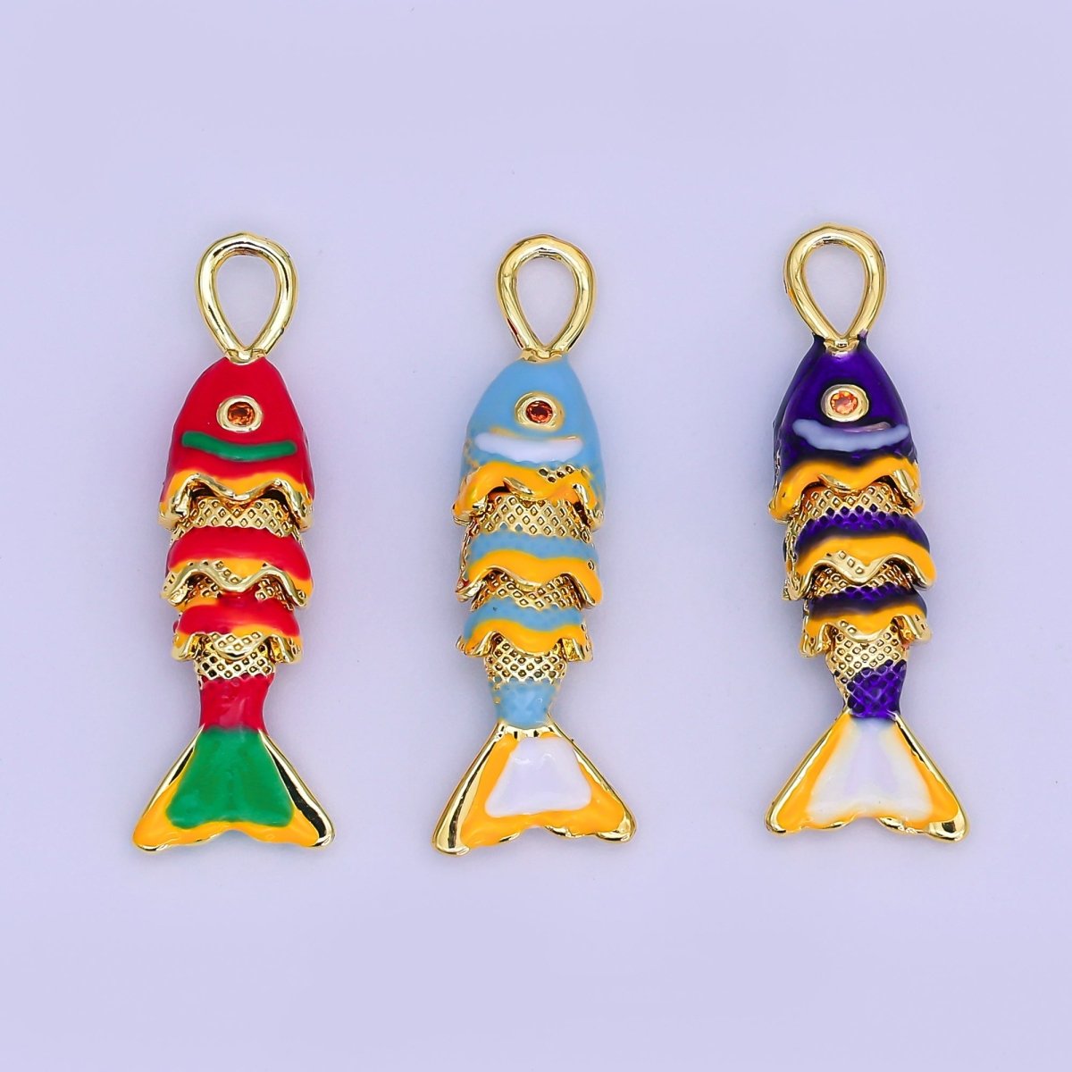 24K Gold Filled Red, Blue Enamel Fish 3D Multidimensional Charm | AH492 AH493 - DLUXCA