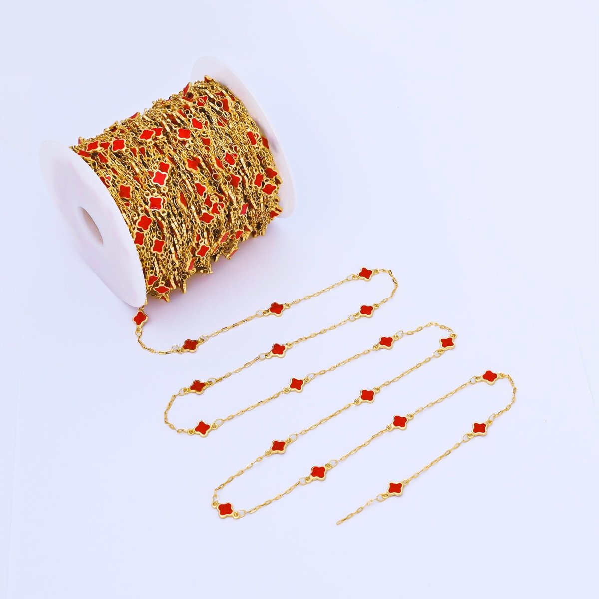 24K Gold Filled Red, Blue, Yellow, White Enamel Quatrefoil Paperclip Unfinished Chain by Yard | Roll - 2006 ~ Roll - 2009 - DLUXCA