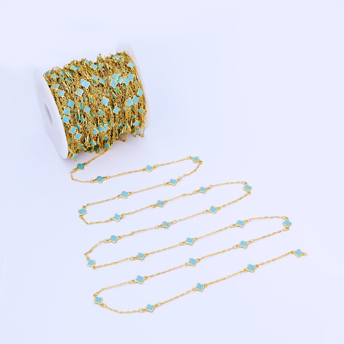 24K Gold Filled Red, Blue, Yellow, White Enamel Quatrefoil Paperclip Unfinished Chain by Yard | Roll - 2006 ~ Roll - 2009 - DLUXCA