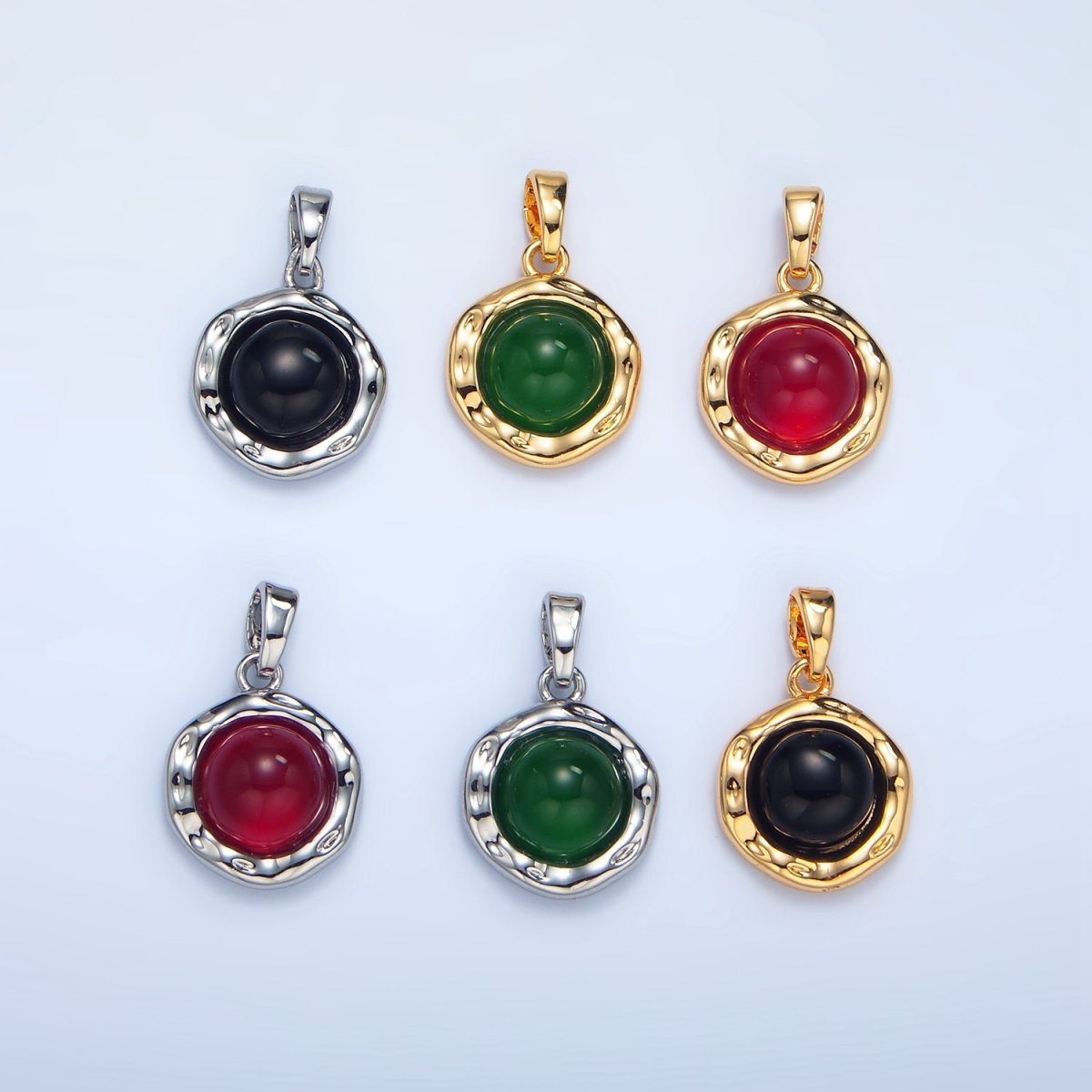 24K Gold Filled Red Carnelian, Green Aventurine, Black Onyx Hammered Molten Bezel Pendant in Gold & Silver | AA969 AA974 AA987 - DLUXCA