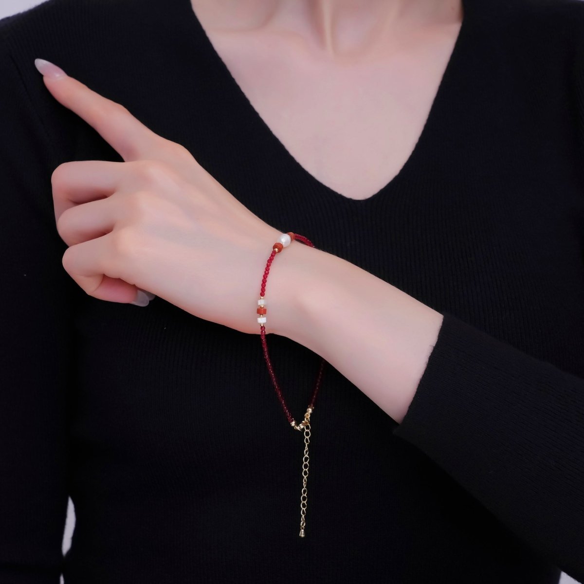 24K Gold Filled Red Carnelian Shell Pearl Gemstone 9.5 Inch Bracelet | WA - 2955 - DLUXCA