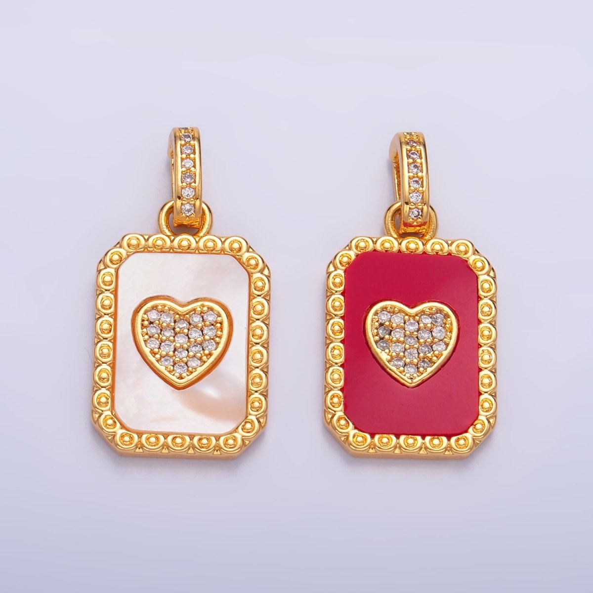 24K Gold Filled Red Carnelian, Shell Pearl Heart Micro Paved Snap Bail Pendant | AA1056 - DLUXCA