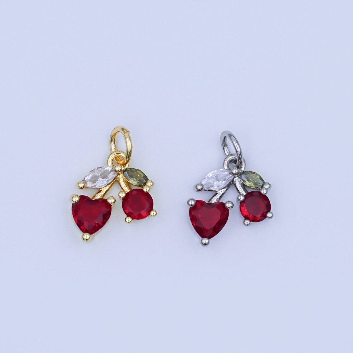 24K Gold Filled Red CZ Cherry Fruit Charm in Gold & Silver | W842 - DLUXCA
