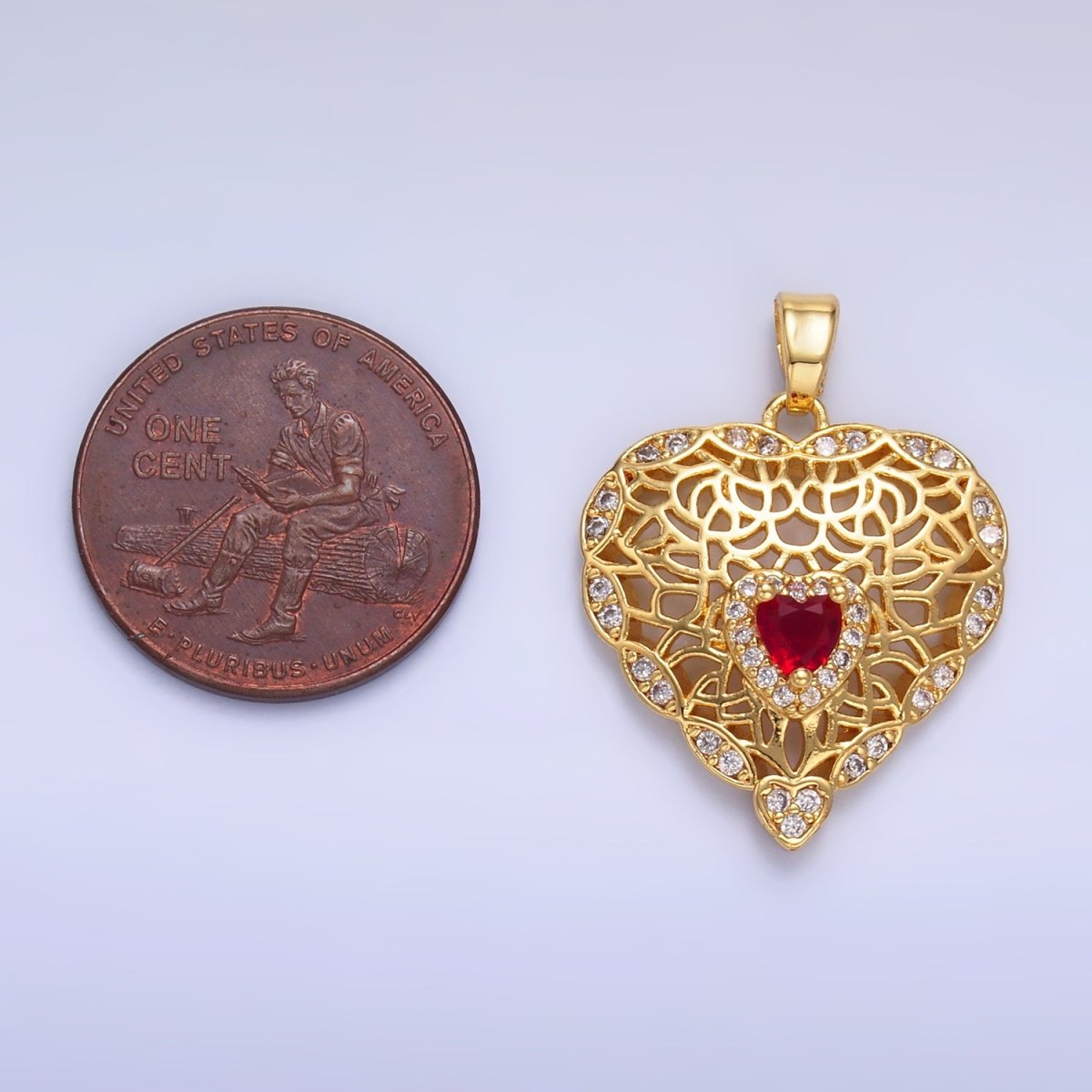 24K Gold Filled Red CZ Micro Paved CZ Filigree Heart Pendant | AA1423 - DLUXCA