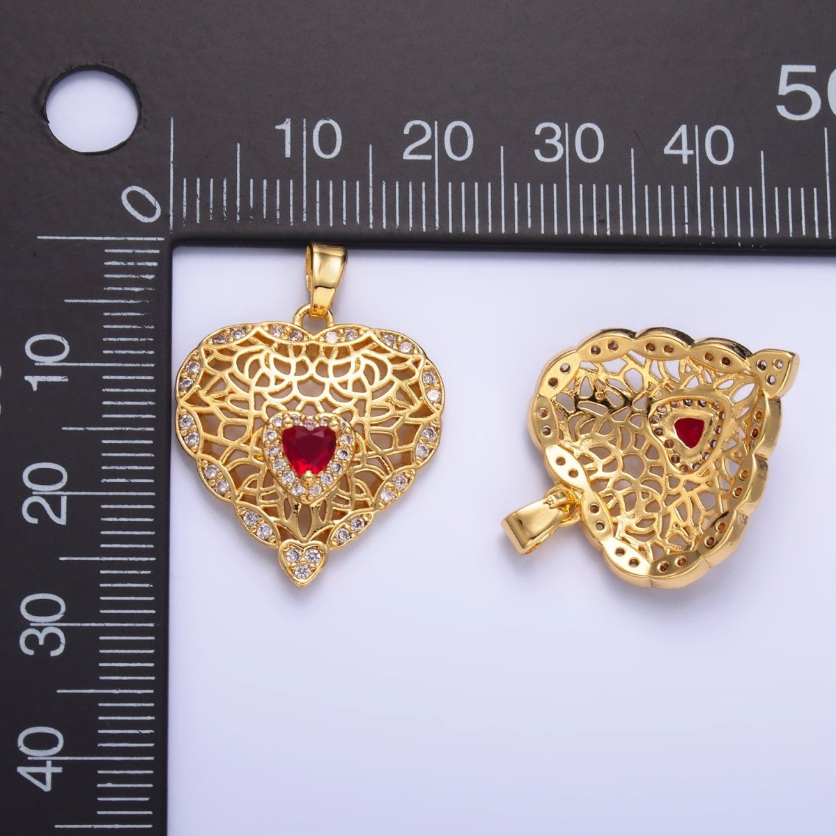 24K Gold Filled Red CZ Micro Paved CZ Filigree Heart Pendant | AA1423 - DLUXCA