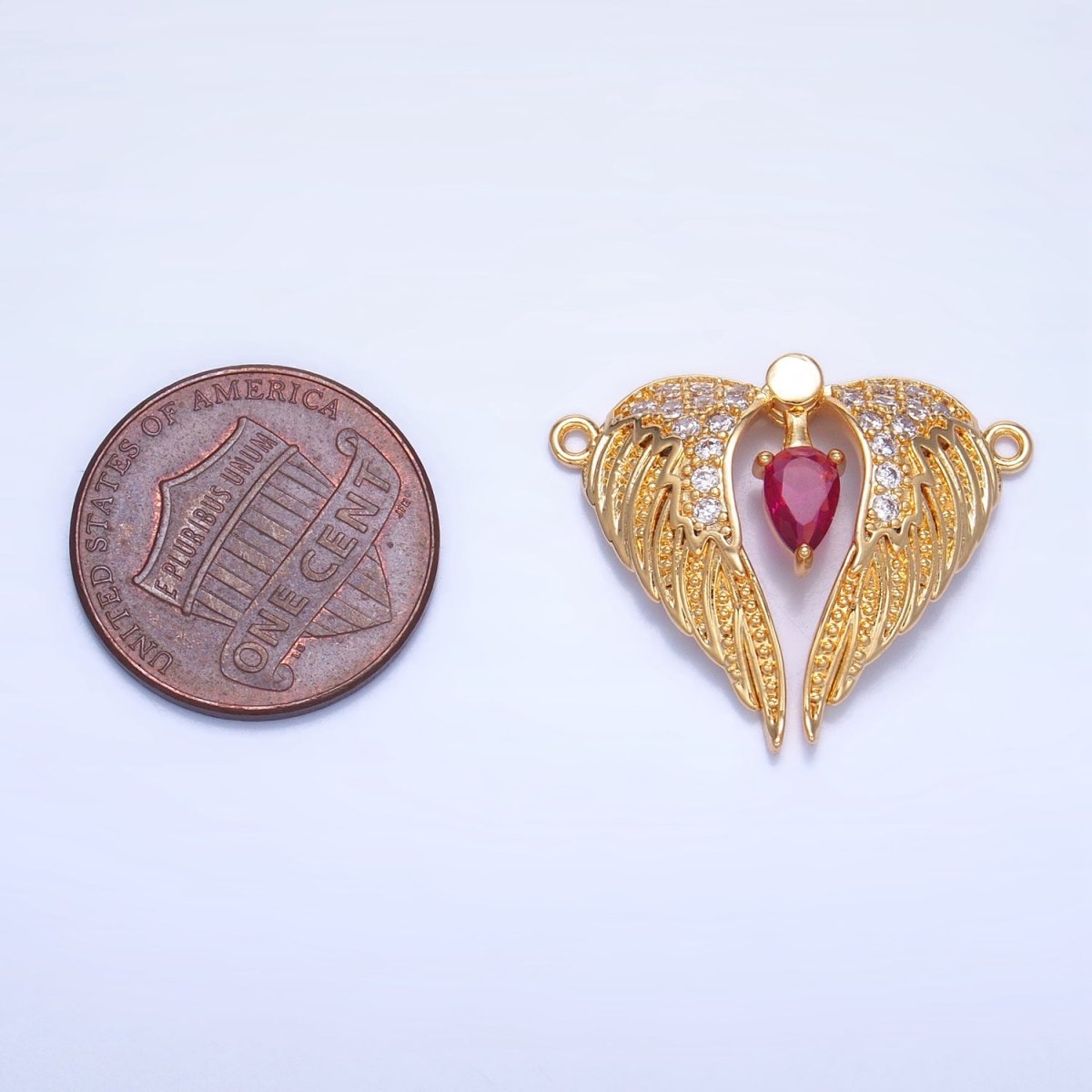 24K Gold Filled Red CZ Micro Paved Feather Wings Connector | F712 - DLUXCA