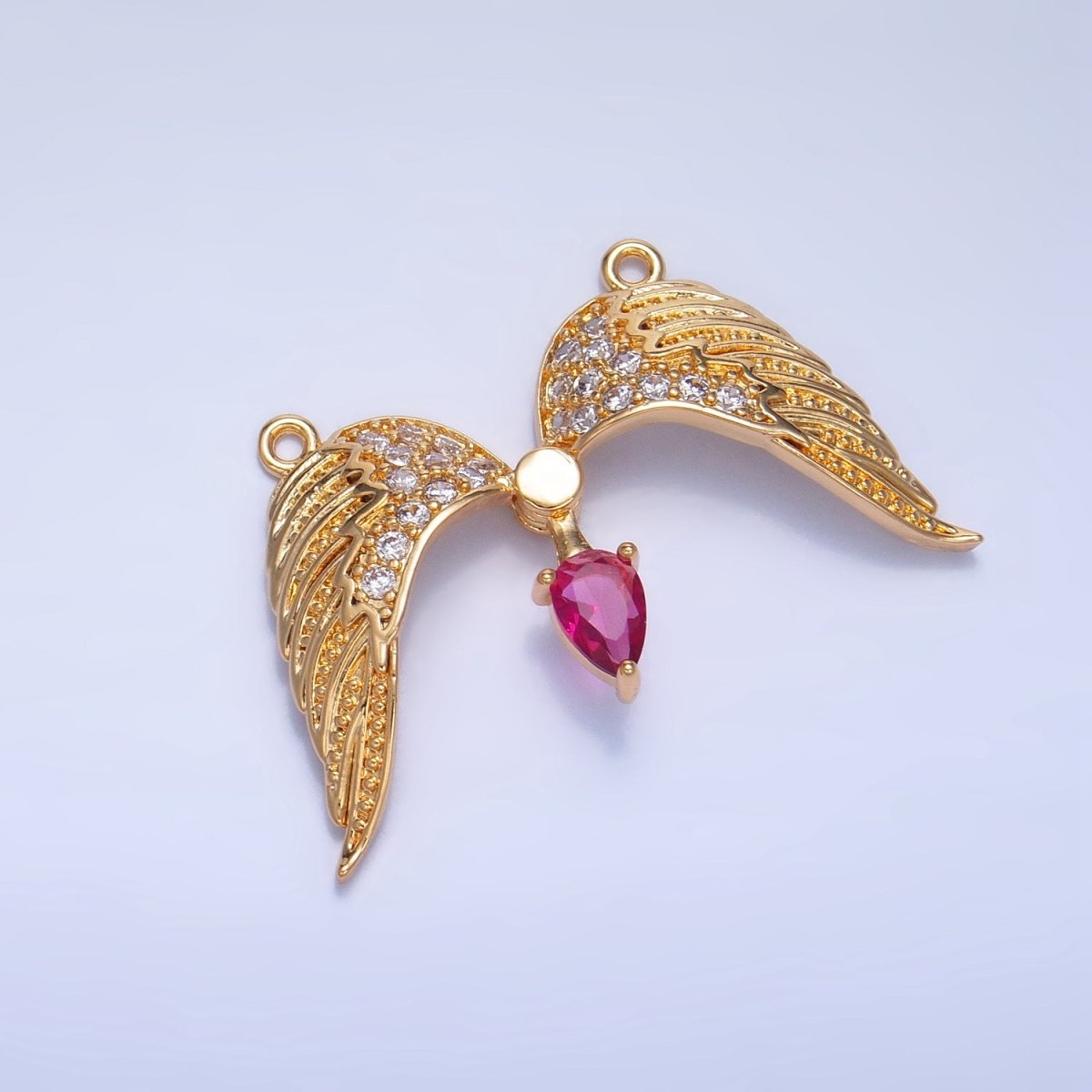 24K Gold Filled Red CZ Micro Paved Feather Wings Connector | F712 - DLUXCA