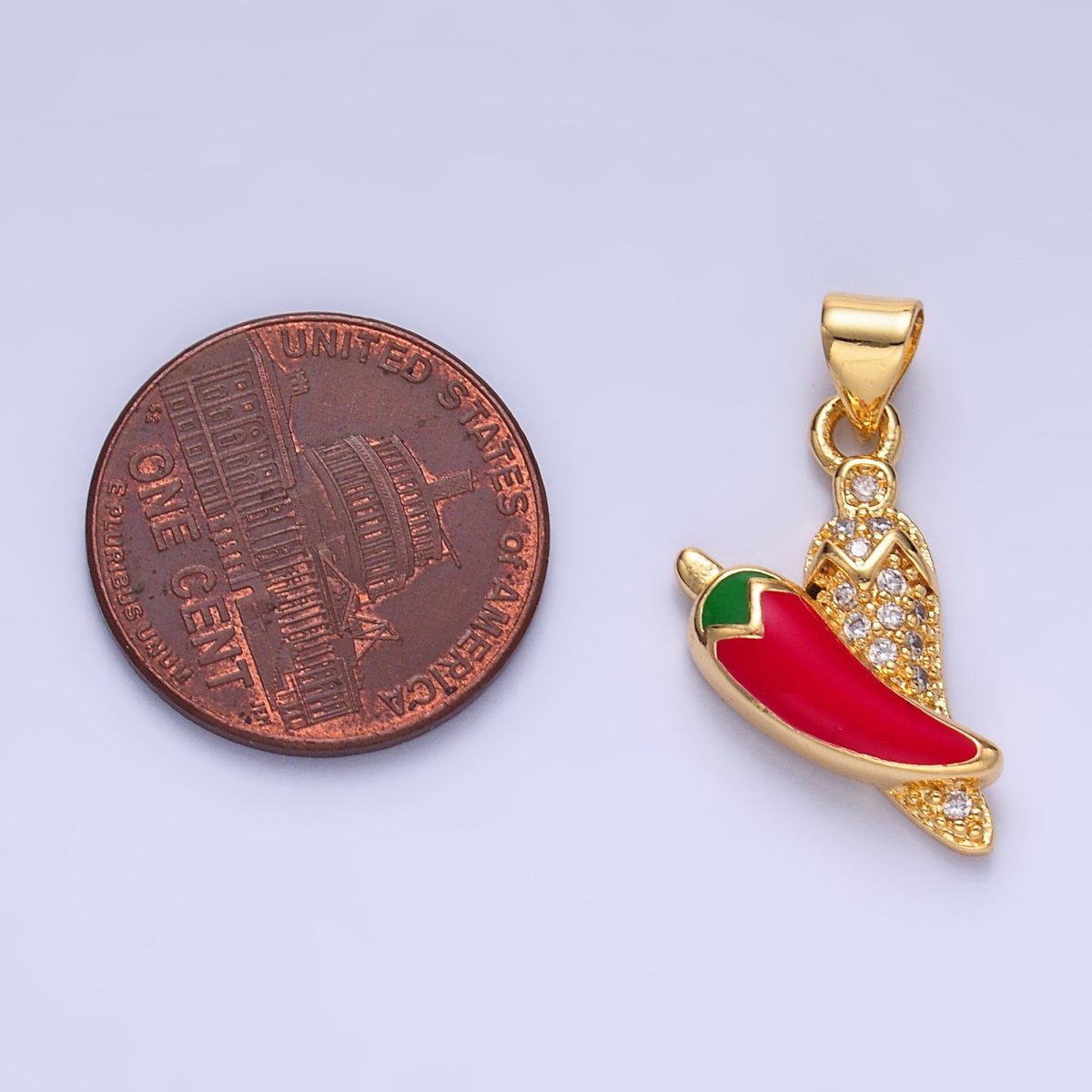 24K Gold Filled Red Enamel Micro Paved CZ Chili Pepper Pendant | AA1153 - DLUXCA