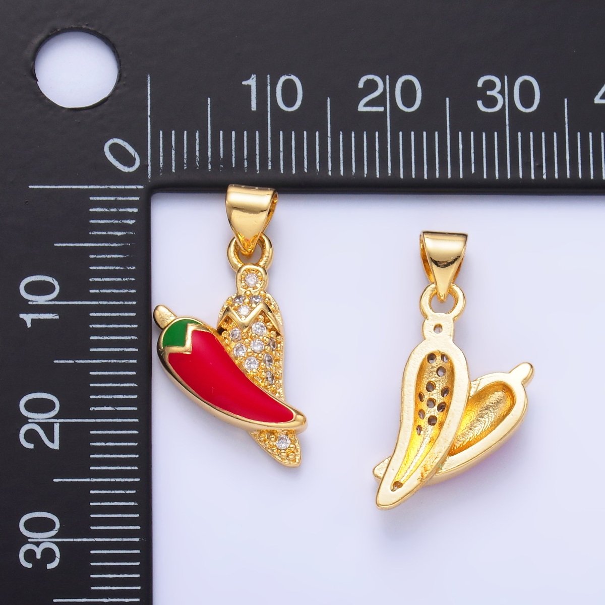 24K Gold Filled Red Enamel Micro Paved CZ Chili Pepper Pendant | AA1153 - DLUXCA