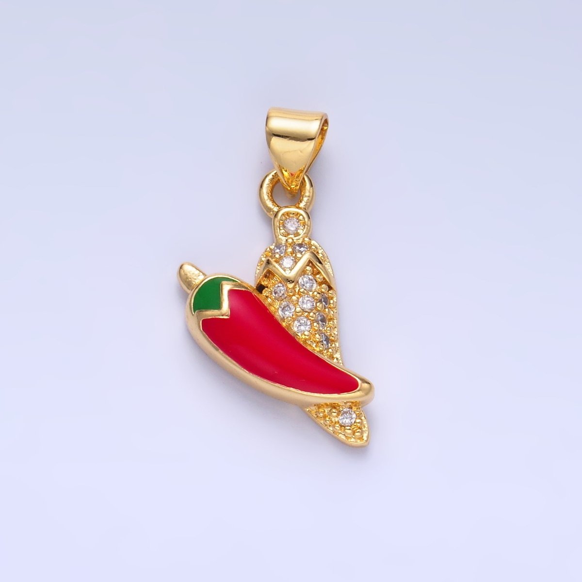 24K Gold Filled Red Enamel Micro Paved CZ Chili Pepper Pendant | AA1153 - DLUXCA