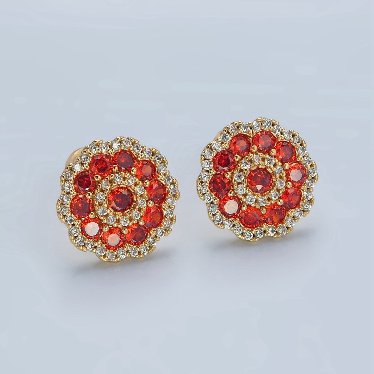 24k Gold Filled Red Flower Micro Paved CZ Stud Earrings | AD753 - DLUXCA