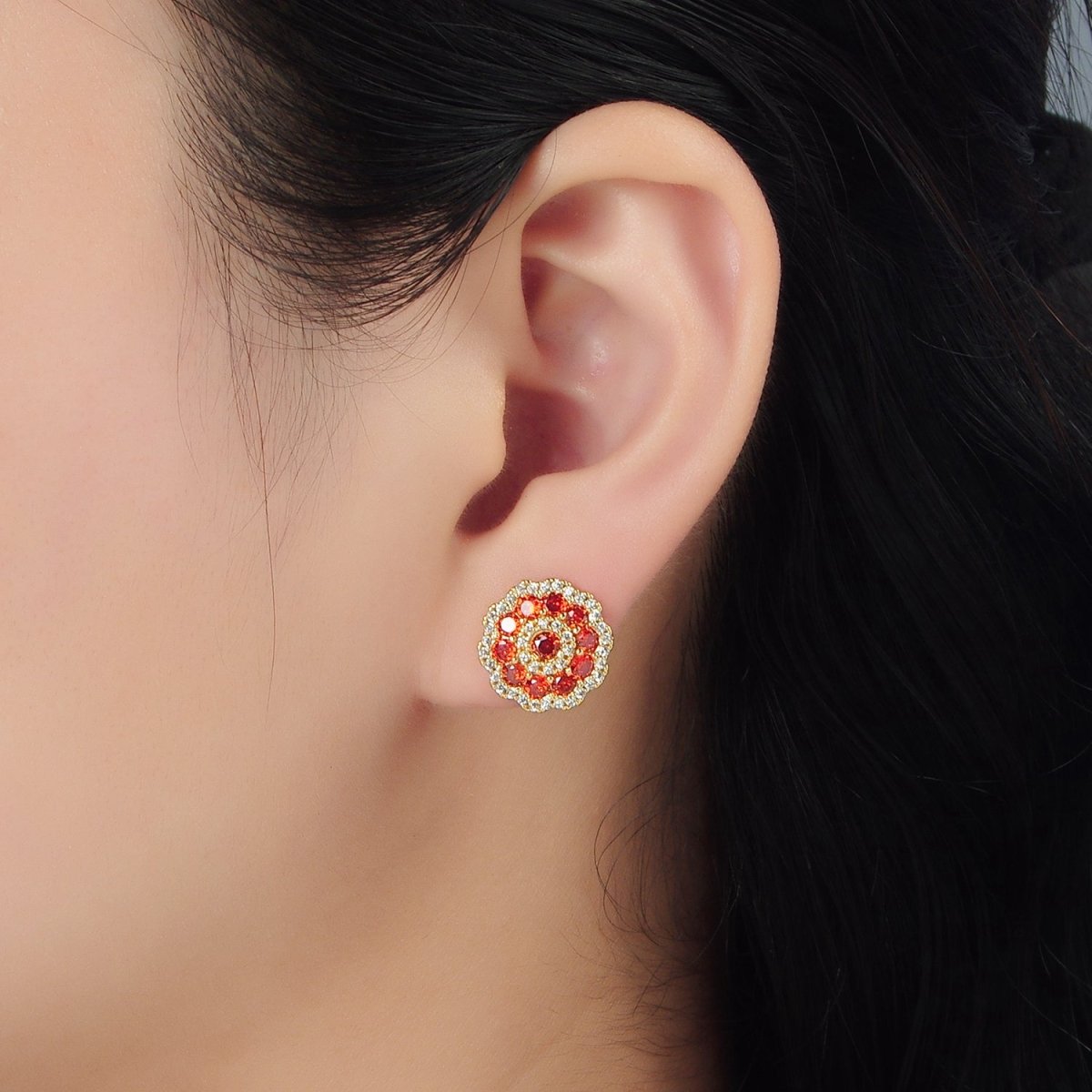 24k Gold Filled Red Flower Micro Paved CZ Stud Earrings | AD753 - DLUXCA