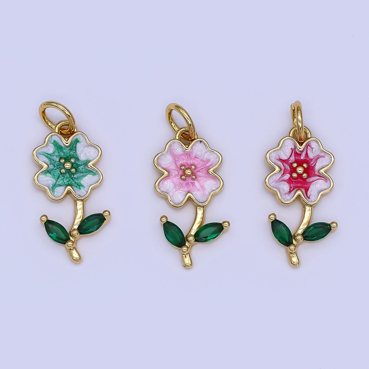 24K Gold Filled Red, Green, Pink Enamel Daisy Flower Charm | AF506 - AF507 - DLUXCA