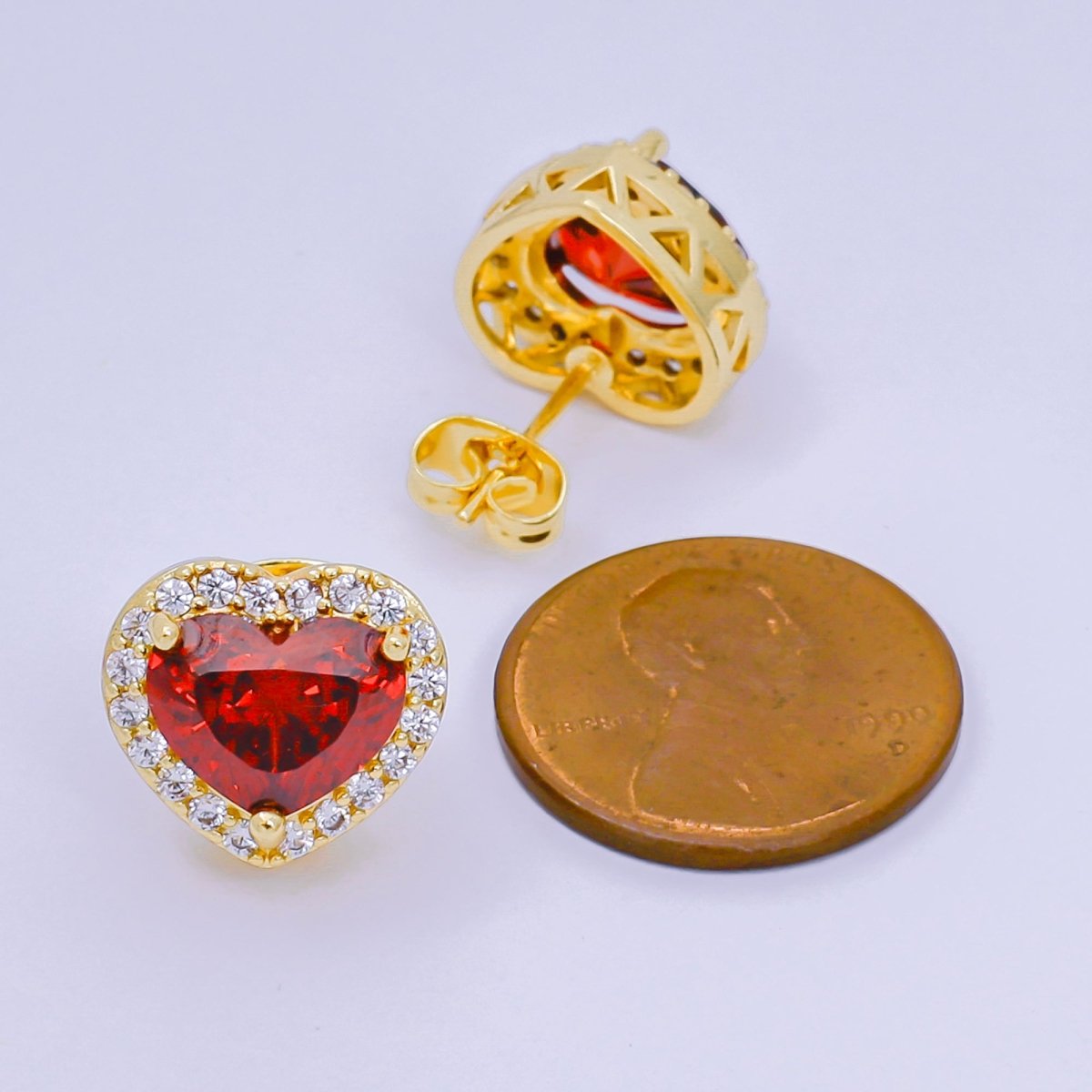 24K Gold Filled Red Heart - Shaped & Micro Paved CZ Elegant Love Stud Earrings | AJ - 118 - DLUXCA