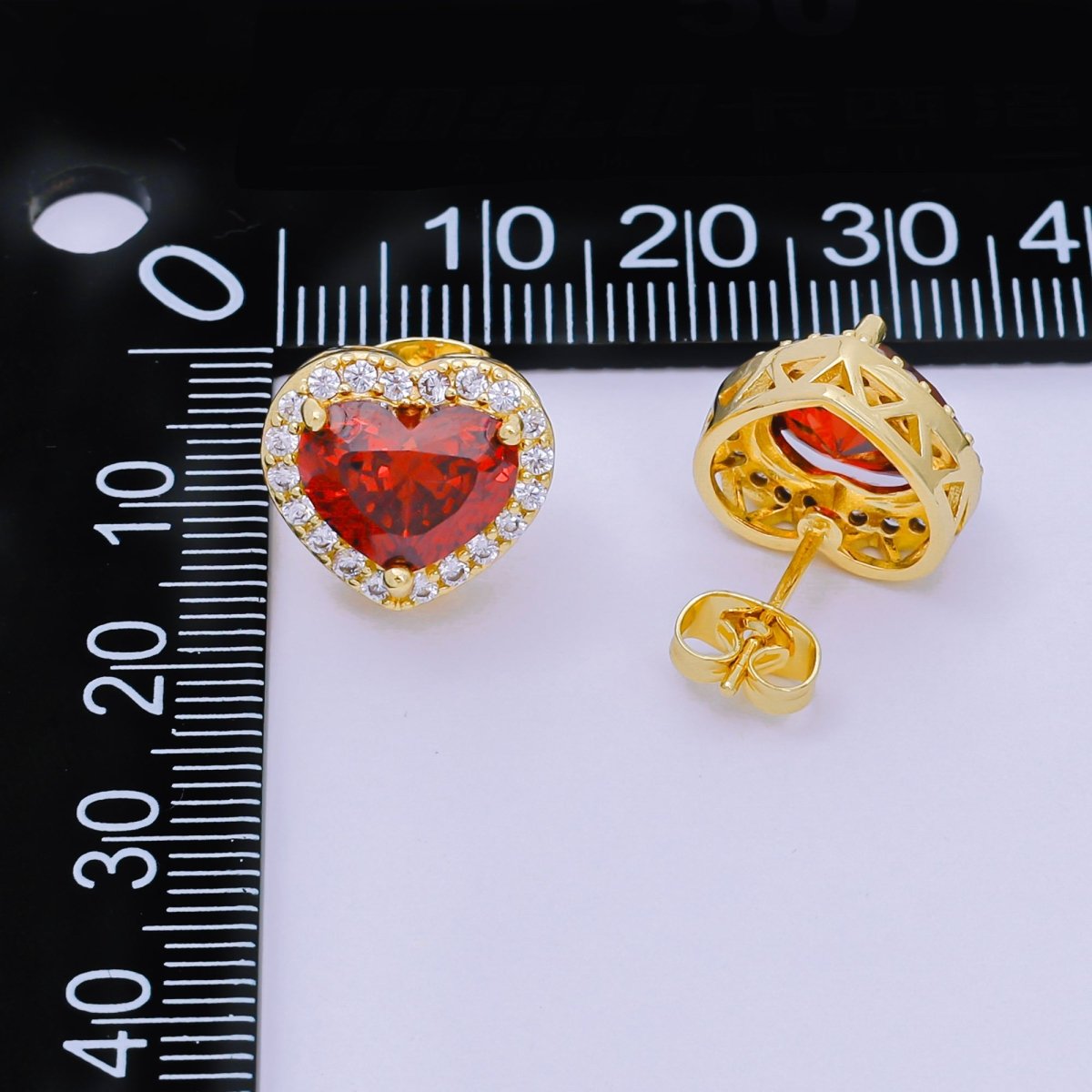 24K Gold Filled Red Heart - Shaped & Micro Paved CZ Elegant Love Stud Earrings | AJ - 118 - DLUXCA