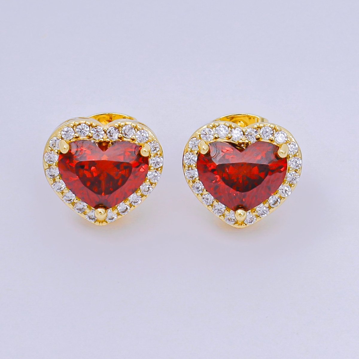 24K Gold Filled Red Heart - Shaped & Micro Paved CZ Elegant Love Stud Earrings | AJ - 118 - DLUXCA