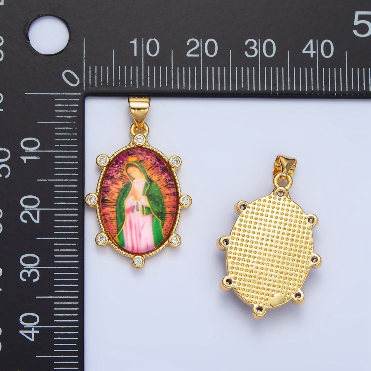 24K Gold Filled Red Lady Guadalupe Oval CZ Dotted Bezel Pendant | AA123 - DLUXCA