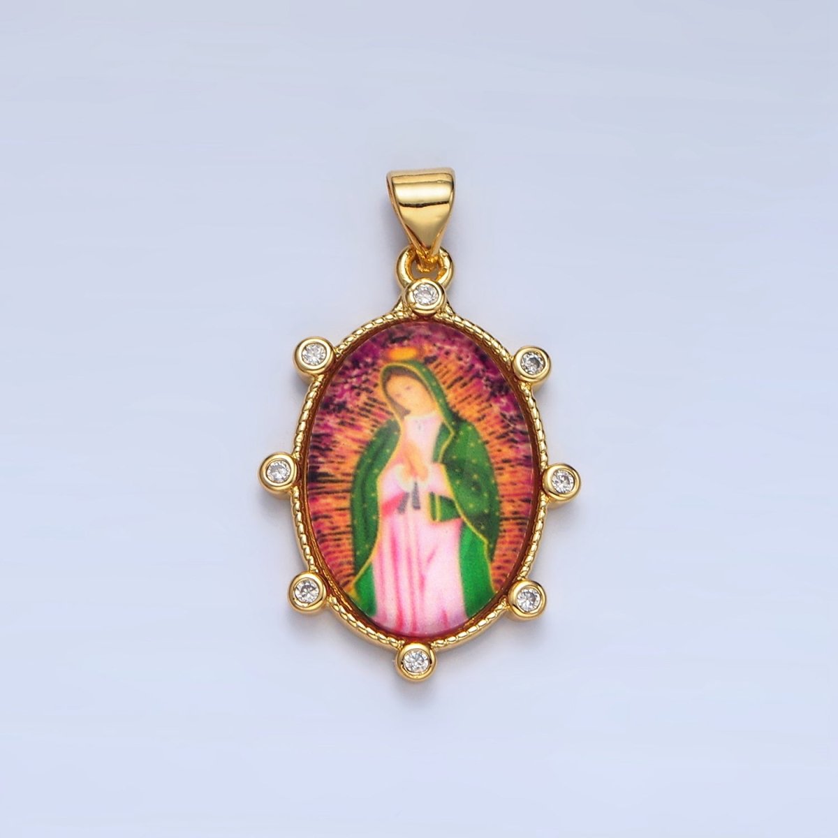 24K Gold Filled Red Lady Guadalupe Oval CZ Dotted Bezel Pendant | AA123 - DLUXCA