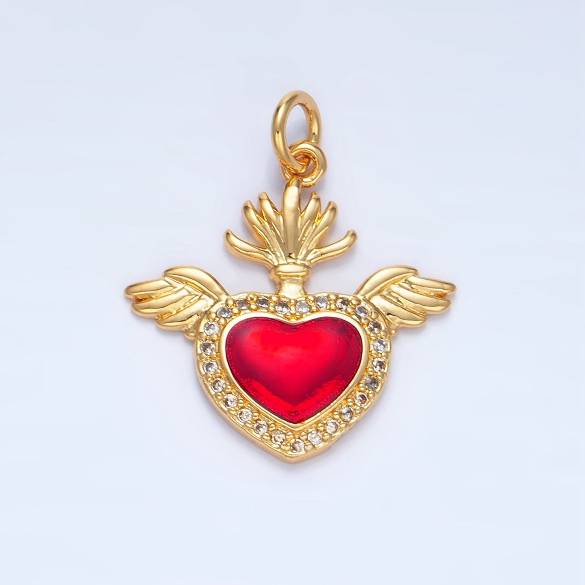 24K Gold Filled Red Micro Paved CZ Sacred Heart Wings Charm | X866 - DLUXCA