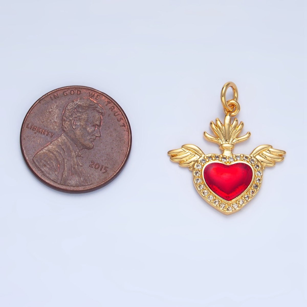 24K Gold Filled Red Micro Paved CZ Sacred Heart Wings Charm | X866 - DLUXCA