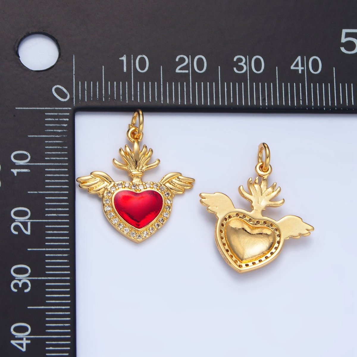 24K Gold Filled Red Micro Paved CZ Sacred Heart Wings Charm | X866 - DLUXCA