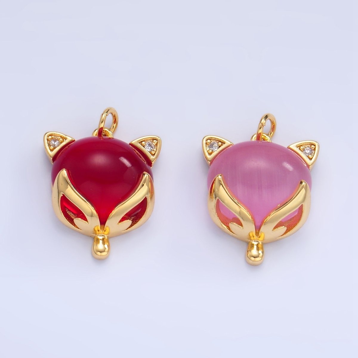 24K Gold Filled Red, Pink Cats Eye Gemstone Micro Paved CZ Cat Charm | W108 - DLUXCA