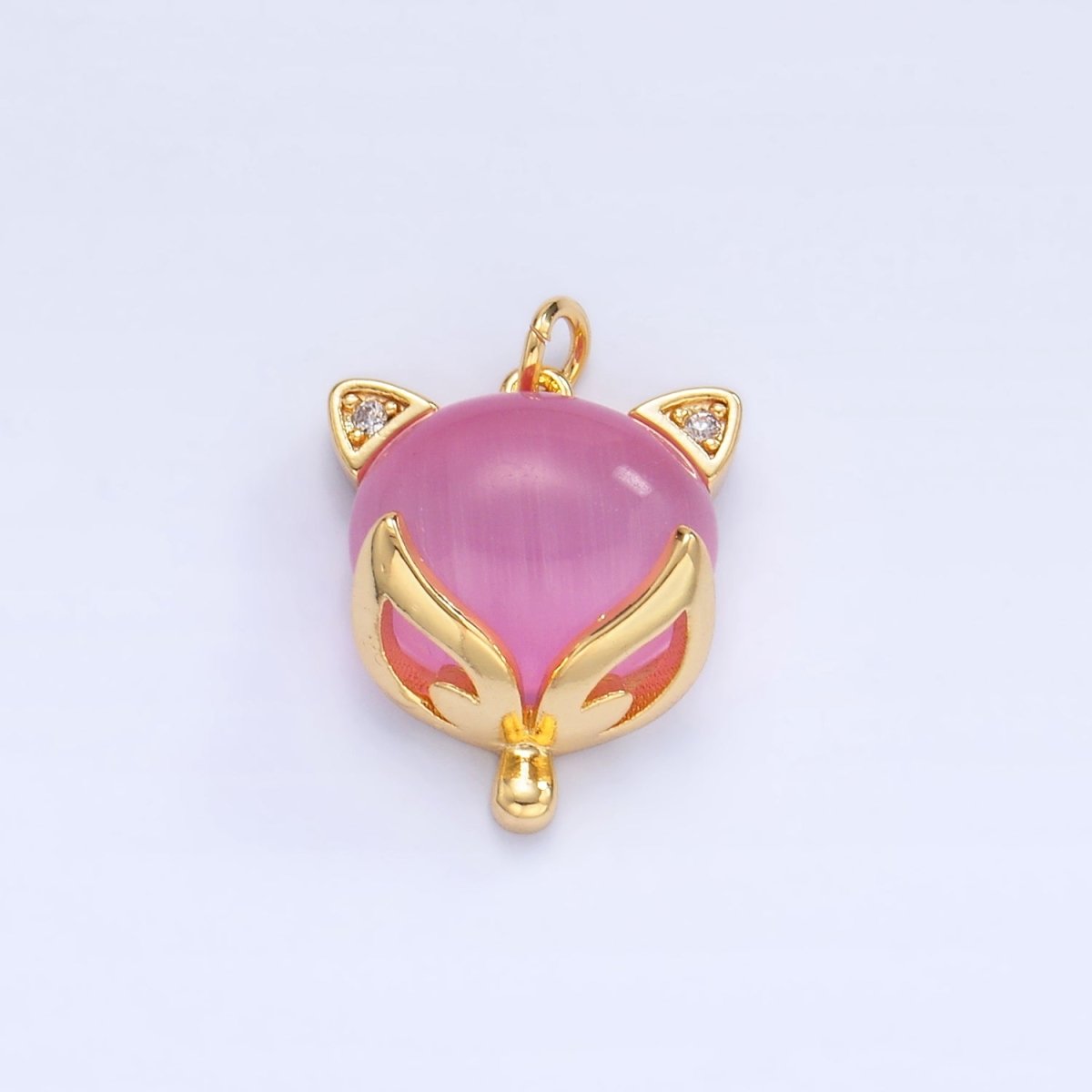 24K Gold Filled Red, Pink Cats Eye Gemstone Micro Paved CZ Cat Charm | W108 - DLUXCA