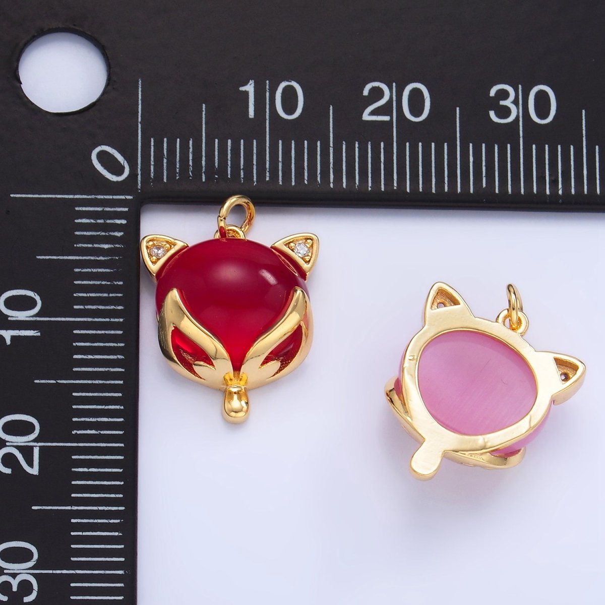 24K Gold Filled Red, Pink Cats Eye Gemstone Micro Paved CZ Cat Charm | W108 - DLUXCA