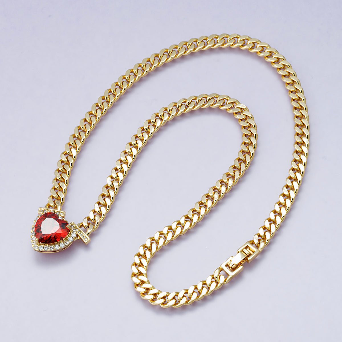 24K Gold Filled Red, Pink, Clear, Yellow, Green Heart CZ Micro Paved Curb Chain 18 Inch Necklace | WA - 04190 - DLUXCA