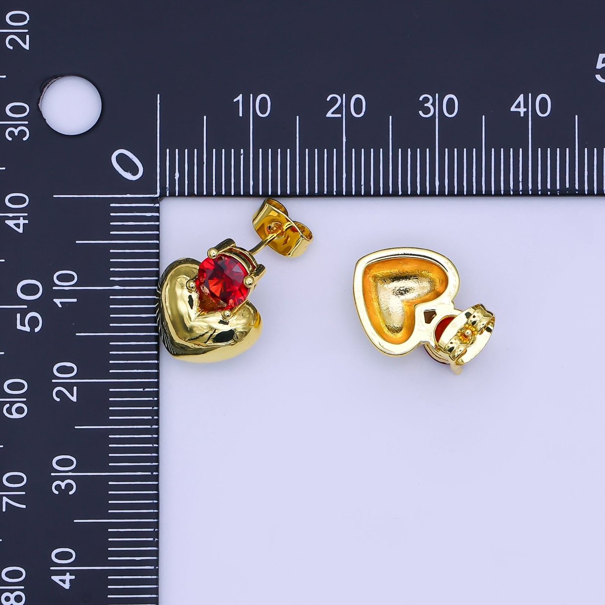 24K Gold Filled Red Round CZ Burning Red Heart Love Stud Earrings | AI515 - DLUXCA