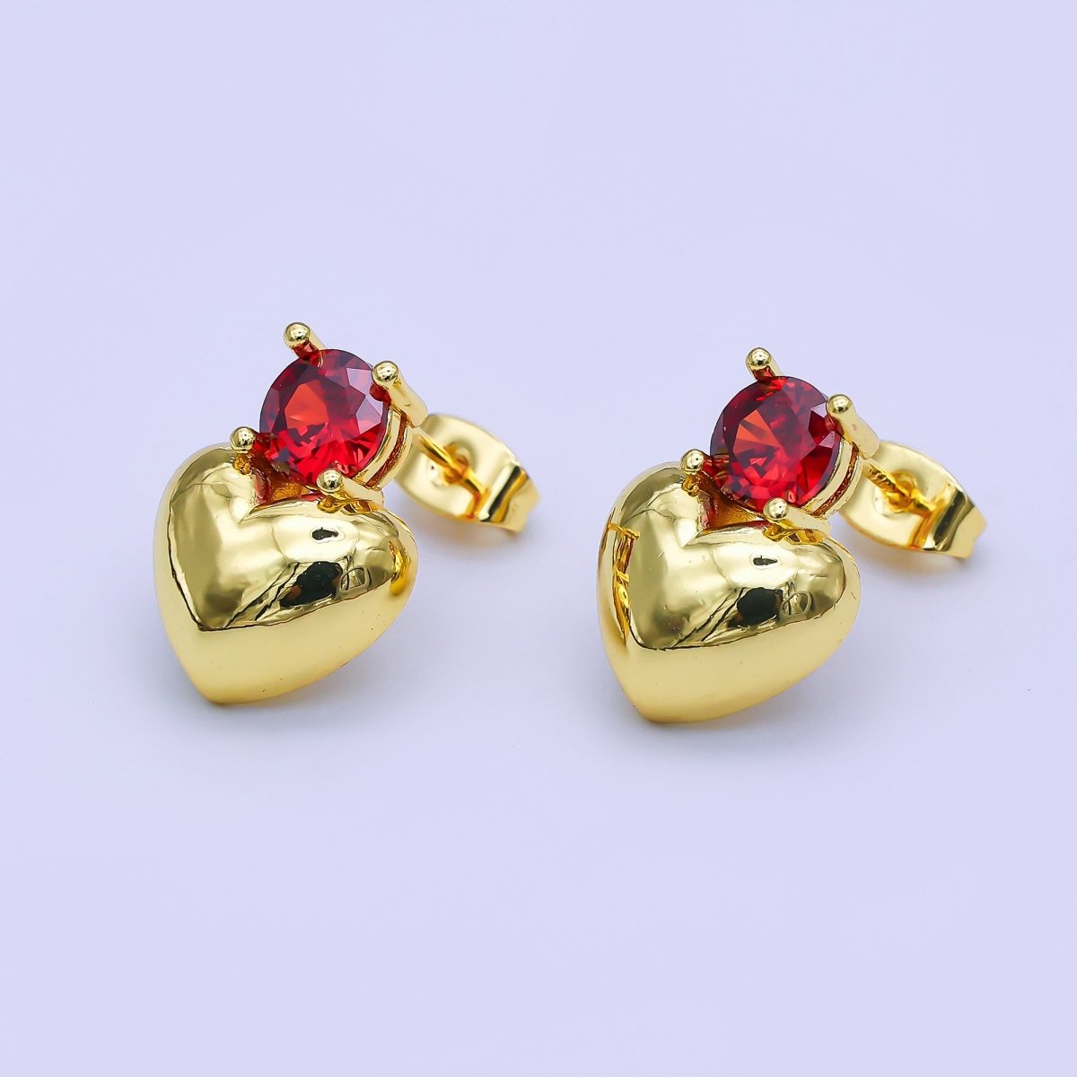 24K Gold Filled Red Round CZ Burning Red Heart Love Stud Earrings | AI515 - DLUXCA