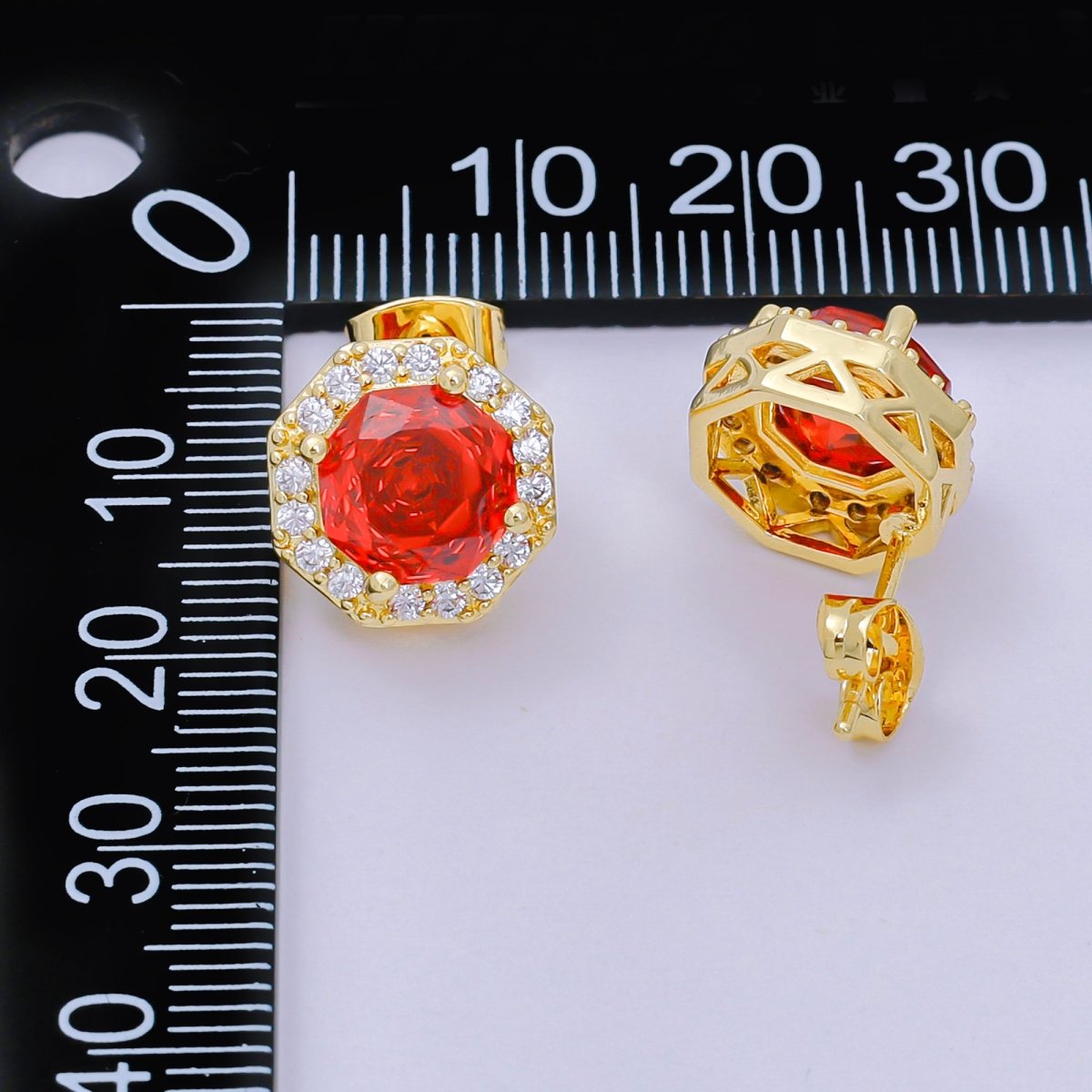 24K Gold Filled Red Round - Shaped & Micro Paved CZ Royal Spark Round Stud Earrings | AJ - 119 - DLUXCA