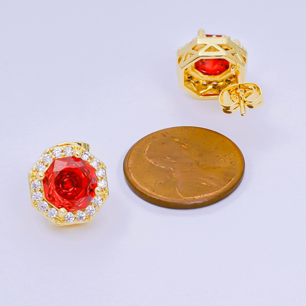 24K Gold Filled Red Round - Shaped & Micro Paved CZ Royal Spark Round Stud Earrings | AJ - 119 - DLUXCA