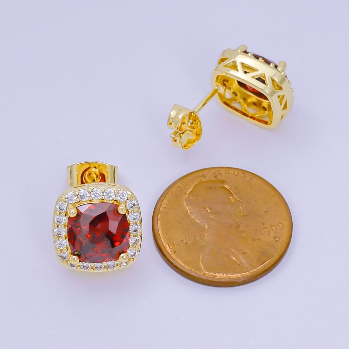 24K Gold Filled Red Square - Shaped & Micro Paved CZ Curvy Square Stud Earrings | AJ - 120 - DLUXCA