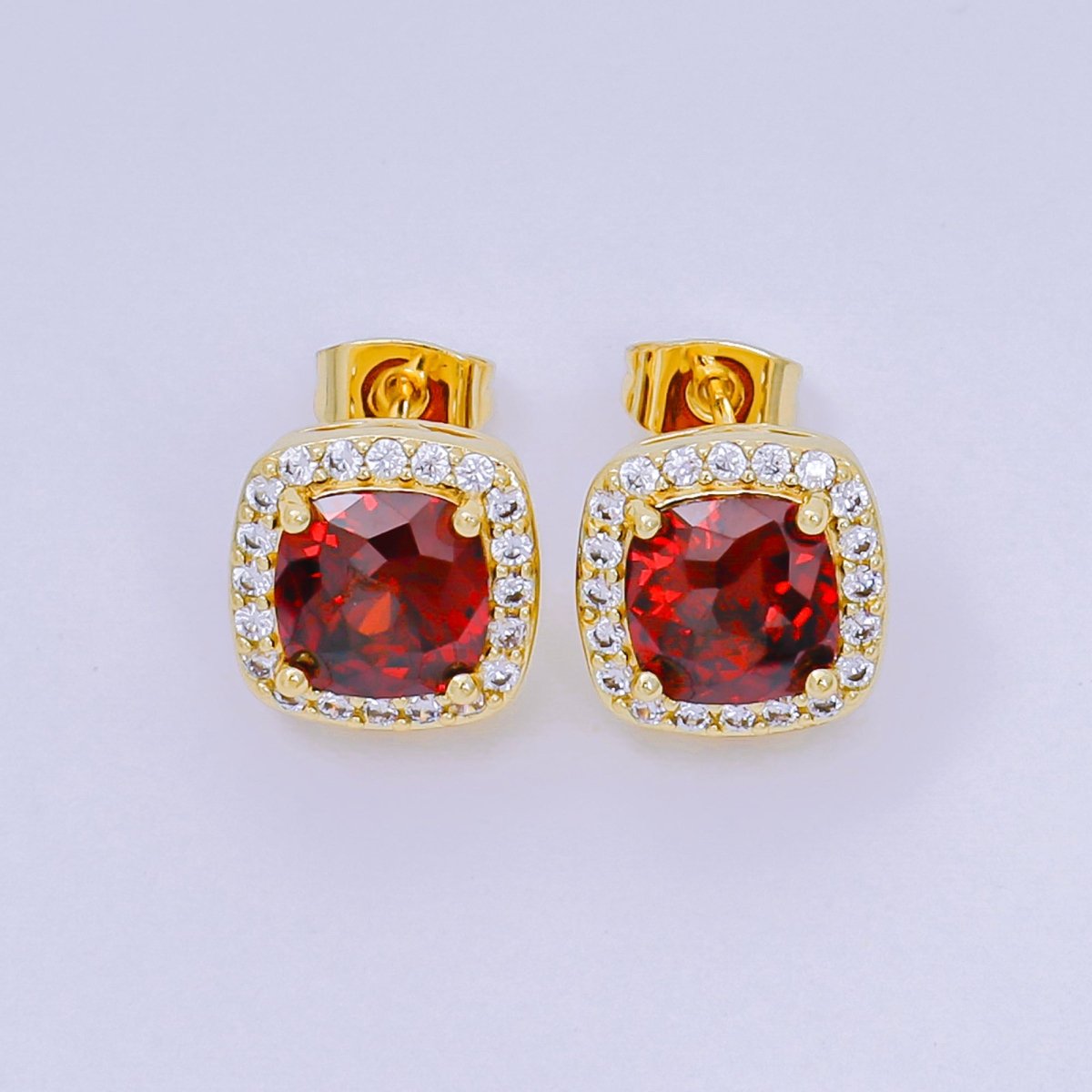 24K Gold Filled Red Square - Shaped & Micro Paved CZ Curvy Square Stud Earrings | AJ - 120 - DLUXCA