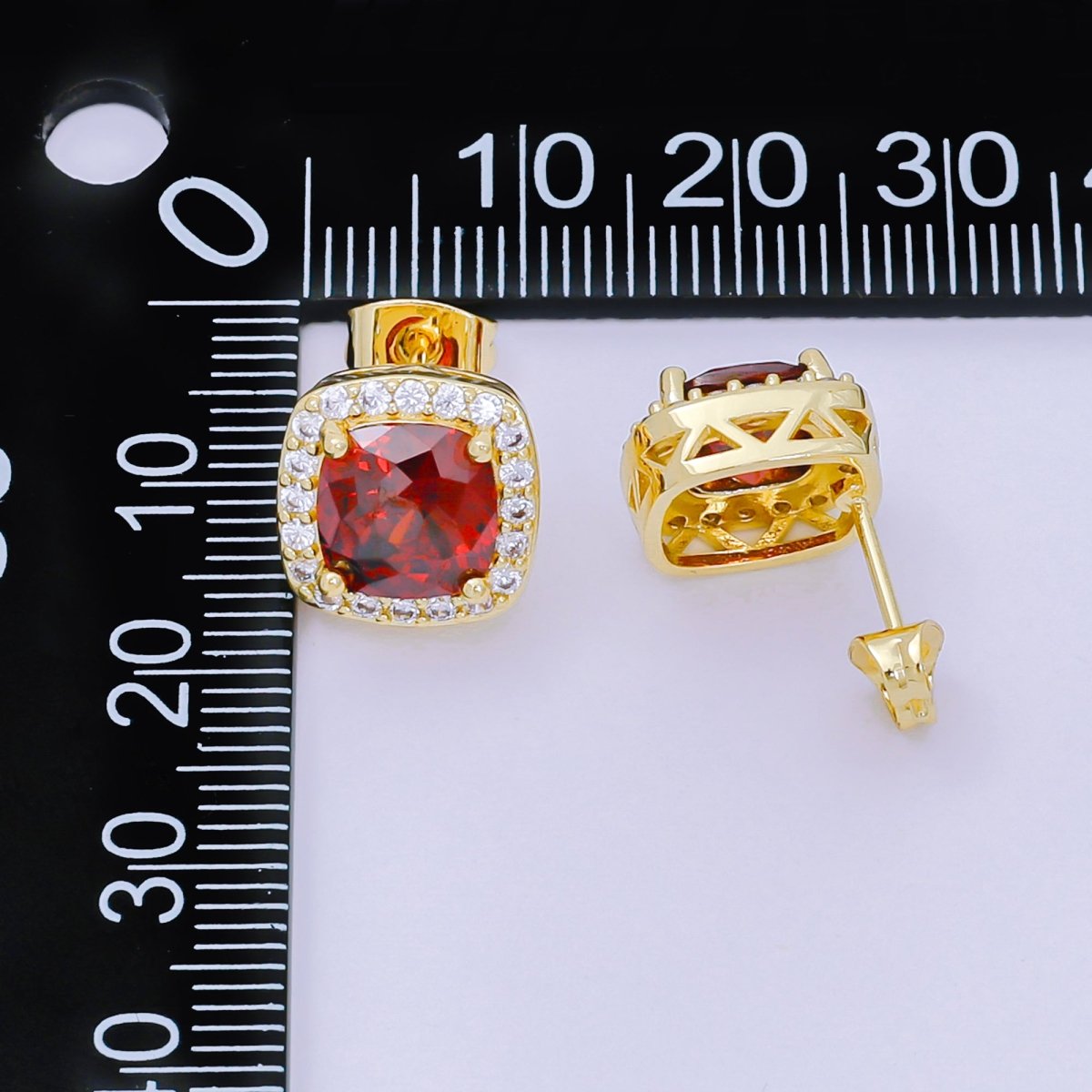 24K Gold Filled Red Square - Shaped & Micro Paved CZ Curvy Square Stud Earrings | AJ - 120 - DLUXCA