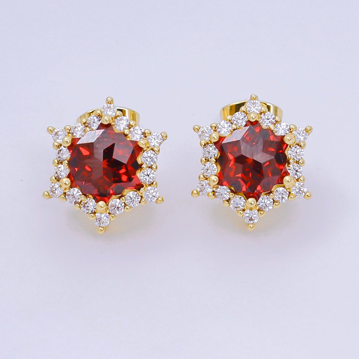 24K Gold Filled Red Star - Shaped & Micro Paved CZ 6 - Points Stars Stud Earrings | AJ - 121 - DLUXCA