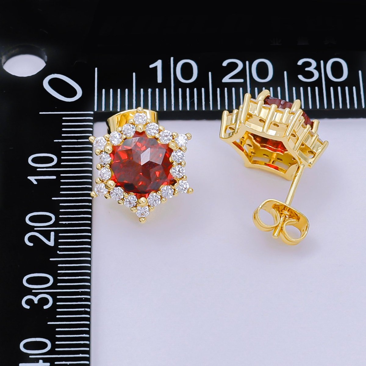 24K Gold Filled Red Star - Shaped & Micro Paved CZ 6 - Points Stars Stud Earrings | AJ - 121 - DLUXCA