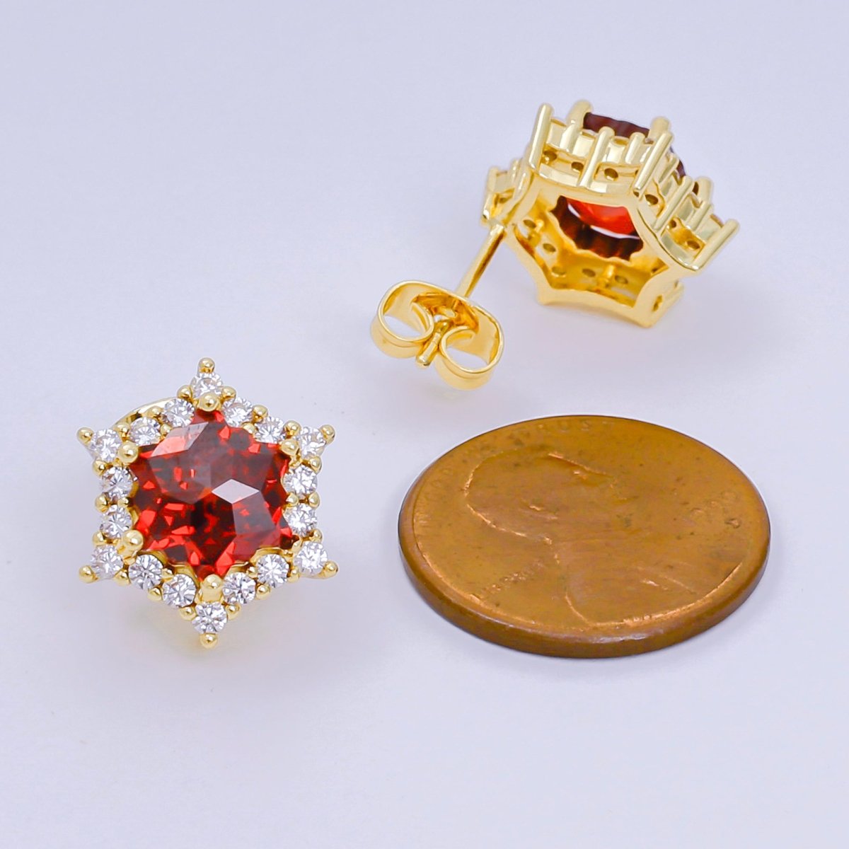 24K Gold Filled Red Star - Shaped & Micro Paved CZ 6 - Points Stars Stud Earrings | AJ - 121 - DLUXCA