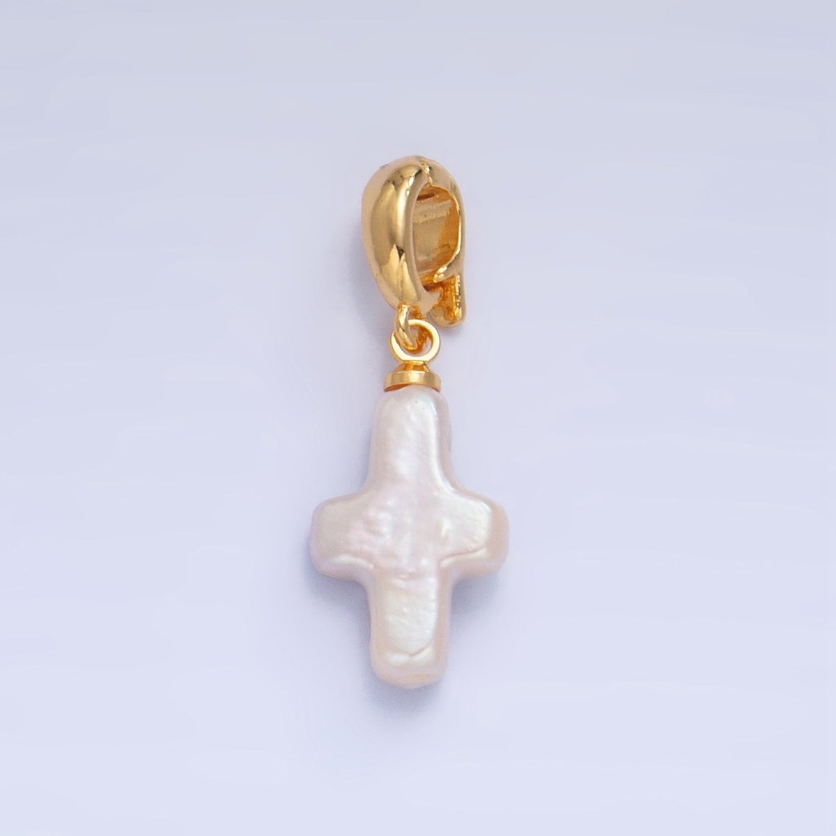 24K Gold Filled Religious Cross Freshwater Pearl Snap Latch Pendant | P1918 - DLUXCA